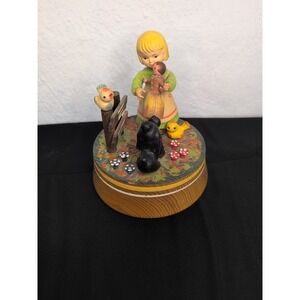 Anri 70s Wood Carved Music Box The Most Beautiful Girl In The World Dog Mushroom